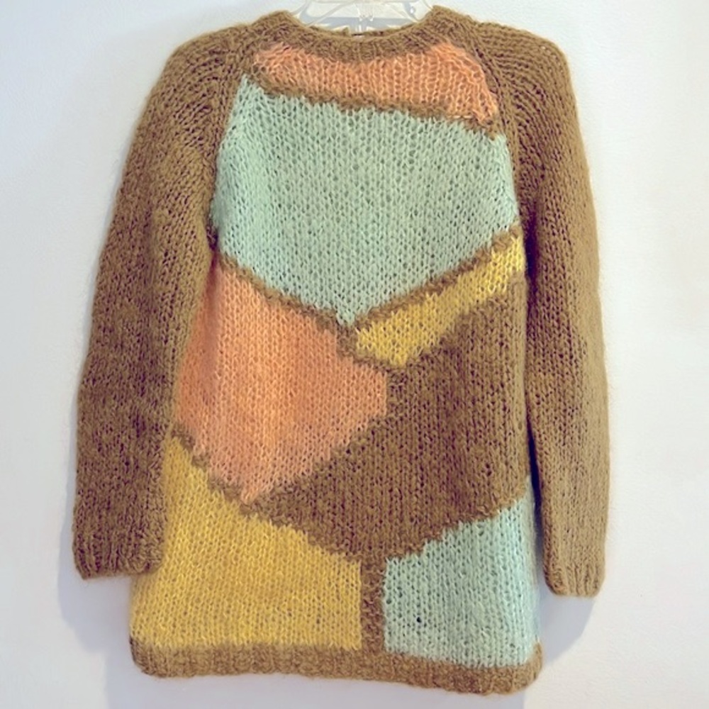 VTG Italy Hand Knit High Pile Wool Pastel Colorblock Sweater size L Olive Multi